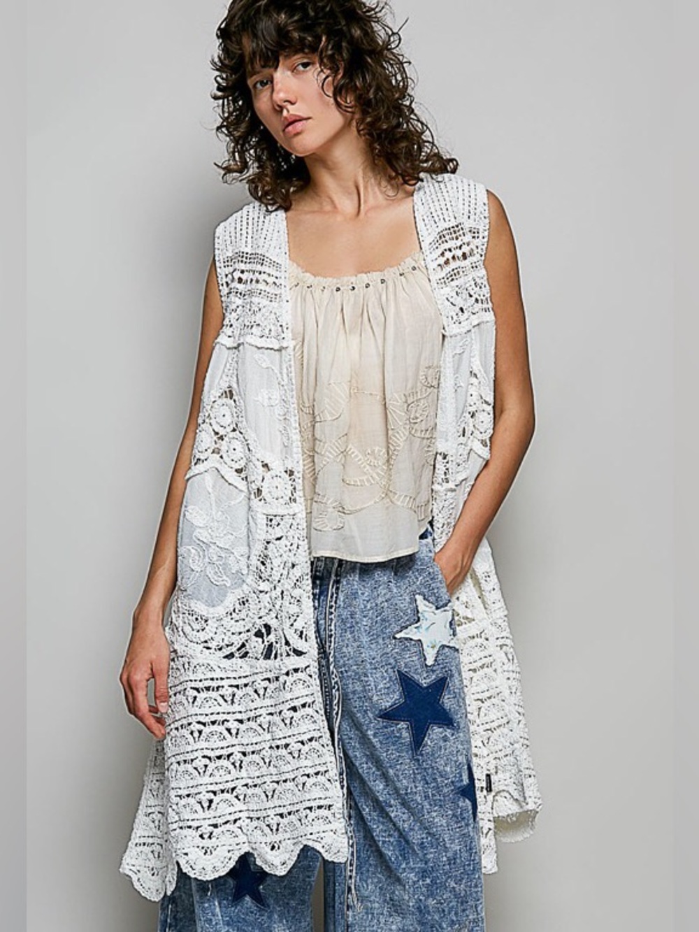 POL NWT Top Kimono White Crocheted sleeveless One Size